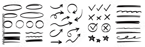 Arrow, circle, underline marker hand pen set. Arrow line marker hand drawn brush pencil sketch. Doodle check, cross, star oval round icon sign symbol texture rough. Vector illustration