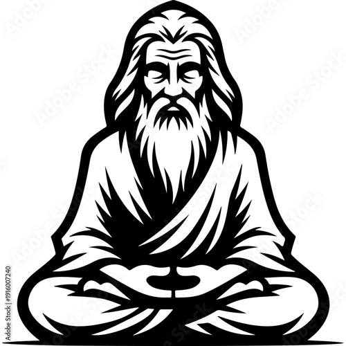 Wise old man with long beard meditating seated, eyes closed, calm face, draped robes, black and white vector silhouette, guru or sage zen logo