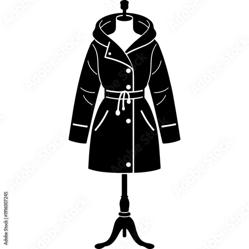Women leather coat worn on a mannequin on a stand. Engraving minimalistic vector in black ink drawing on transparent background