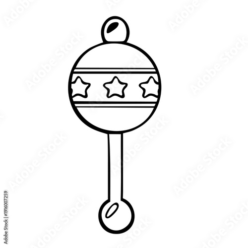 Baby rattle toy simple outline style, circular top with star band, long handle ending with bead, bold black