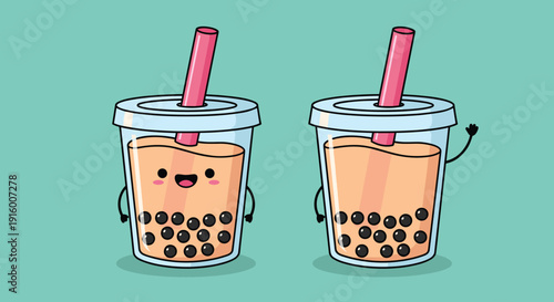 Boba Tea Cartoon Illustration with Straws.