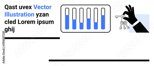 Hand holding keys symbolizes access or control beside a test tube set highlighting chemistry. Ideal for research, innovation, analytics, laboratory, science education, security, simple landing page