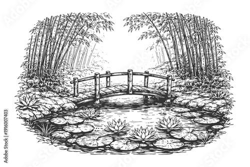 Peaceful wooden bridge over a lily pond in a bamboo forest garden, vintage hand drawn etching style oriental zen and tranquility nature landscape.
