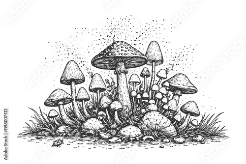 Enchanted cluster of wild mushrooms in a forest with sparkling spores and insects, vintage hand drawn woodcut style fantasy and botanical nature design.