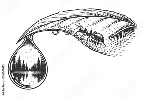 Macro view of a dew drop reflecting a forest landscape on a leaf with an ant, vintage hand drawn etching style biology and nature ecosystem design.