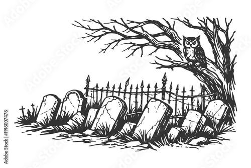Spooky graveyard with old tombstones and a perched owl on a dead tree at night, vintage hand drawn woodcut style Halloween and gothic horror design.