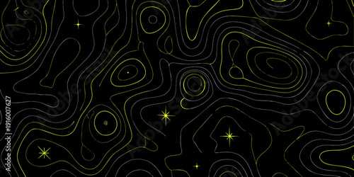 Abstract black background with flowing yellow lines and scattered sparkling stars