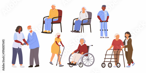 Diverse group of seniors and caregivers interacting in a supportive setting