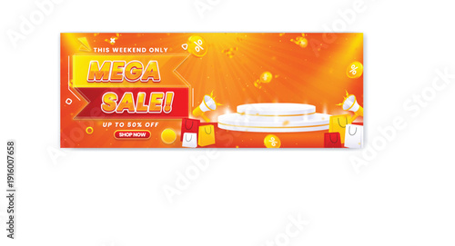 A vibrant advertisement for a weekend sale featuring red speakers on a white platform with colorful graphics and a bright orange background.