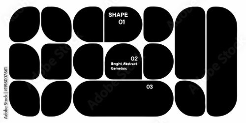 Abstract geometric composition with black shapes and minimal text elements