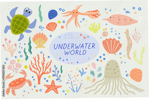 A colorful illustration depicting various sea creatures and underwater elements
