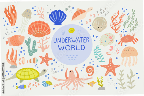 A colorful underwater scene with various marine life and coral illustrations