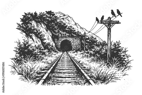 Winding railway tracks leading towards a mountain tunnel with birds on a telegraph pole, vintage hand drawn woodcut style transport and travel design.