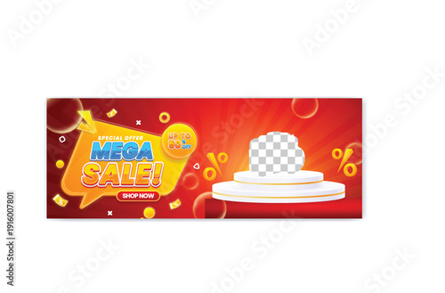 A vibrant advertisement banner featuring a camera on a white platform with a mega sale offer