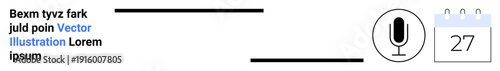 Audio recording, scheduling, content creation, digital media planning, communication, and appointments. Microphone icon next to a calendar with placeholder text. Audio recording and scheduling