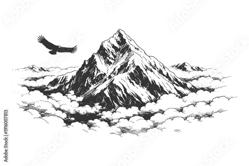 Majestic high mountain peak towering above the clouds with a soaring eagle, vintage hand drawn etching style adventure and alpine nature design.
