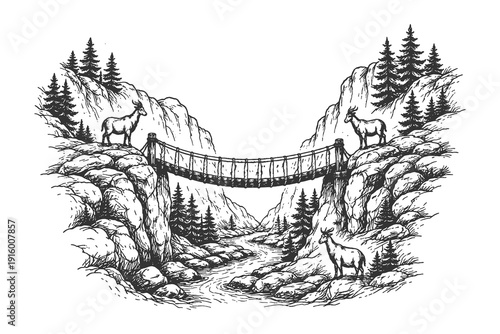 Vintage engraving vector illustration of a rope suspension bridge over a mountain river with wild goats, adventure and wilderness nature design.