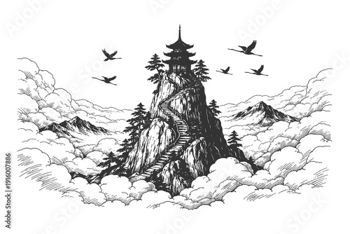 Majestic pagoda temple on a steep mountain peak surrounded by clouds vector illustration, vintage hand drawn engraving style oriental architecture.