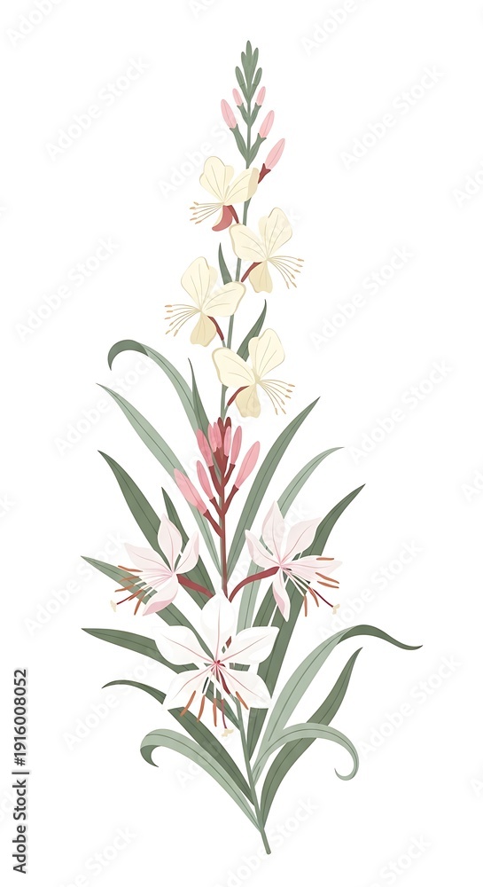 Obraz premium Elegant botanical illustration of Gaura flowers (Whirling Butterflies) with soft pink and cream petals, vibrant green leaves, and delicate buds. Perfect for serene decor or nature-themed designs.