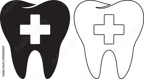 Vector icon set of a tooth with a medical cross, depicted in solid silhouette and line art styles, symbolizing dental clinic, oral hygiene, stomatology, and professional dentist healthcare.