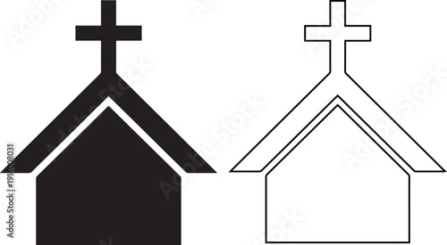 Vector icon set of a church building with a cross, depicted in solid silhouette and line art styles, symbolizing Christian religion, faith, worship, and holy spiritual places.