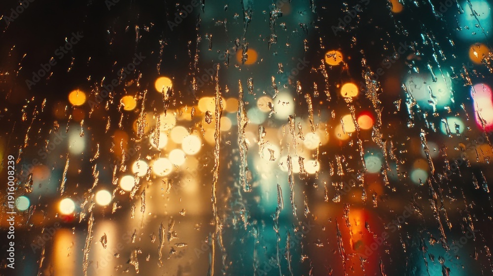 Fototapeta premium Raindrops on a window at night, city lights blurring through