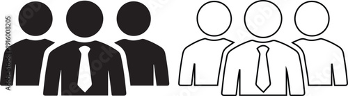 Vector icon set of a business team with a leader wearing a tie, depicted in solid silhouette and line art styles, symbolizing corporate management, staff hierarchy, and teamwork.