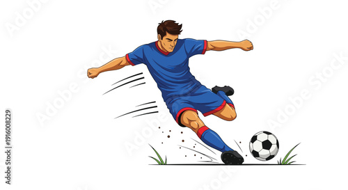 Dynamic cartoon illustration captures a focused soccer player in a blue uniform powerfully striking the black and white ball during a fast-paced match moment on the field.