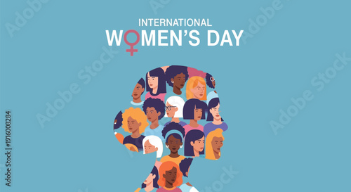 International women's day illustration showcasing a diverse group of women forming a collective female silhouette against a simple blue background celebrating unity and empowerment.