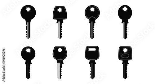 Collection of eight different black silhouette icons representing various styles of house keys and security access tools isolated on a white background for design projects.