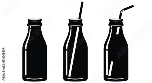 Set of three stylized black silhouette icons depicting glass beverage bottles in different states from sealed to actively being enjoyed with a straw illustration