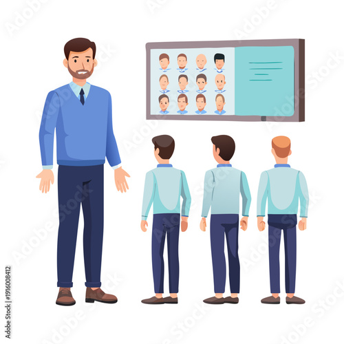 Male Teacher Character Near School Board Constructor for Animation Front, Side and Back Views, Body Parts, Poses and Postures Set Vector Illustration
