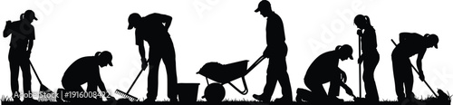 Collection of gardener silhouettes performing lawn care and planting tasks isolated on white background