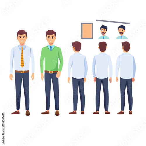 Male Teacher Character Near School Board Constructor for Animation Front, Side and Back Views, Body Parts, Poses and Postures Set Vector Illustration

