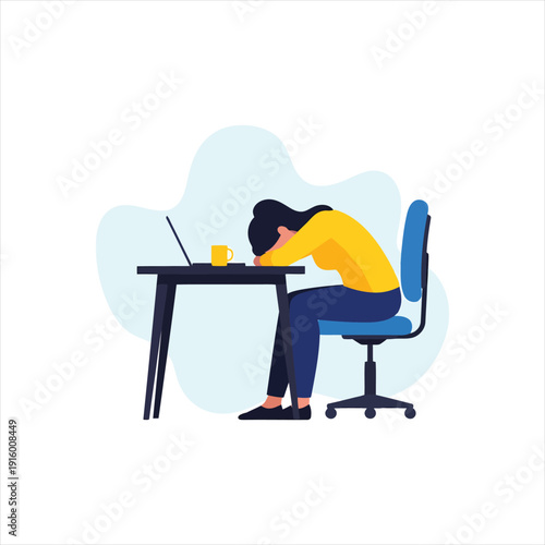 Exhausted woman worker resting head on desk due to burnout and stress