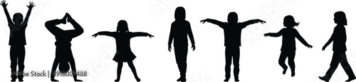 Collection of kids silhouettes jumping, walking and doing handstand poses isolated on white background