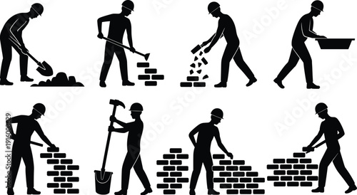 Bricklayer silhouettes set, construction workers building brick walls, masonry labor collection isolated on white