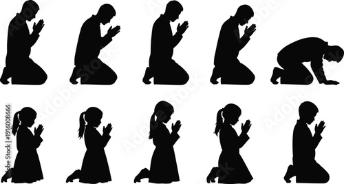 Collection of praying men and women silhouettes kneeling in worship with hands clasped isolated on white background