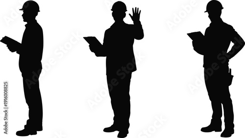 Construction supervisor silhouettes set, engineer with clipboard reading plans and greeting, professional site management collection isolated on white