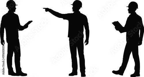 Construction supervisor silhouettes set, workers reading plans and pointing direction, professional site management collection isolated on white