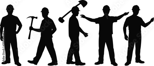 Construction worker silhouettes set, builders with tools in different poses, professional labor collection isolated on white