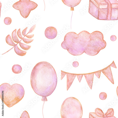 A watercolor seamless pattern featuring delicate illustrations of festive elements for birthday party decorations. Pink pastel tones, hand-drawn balloons, and gifts.