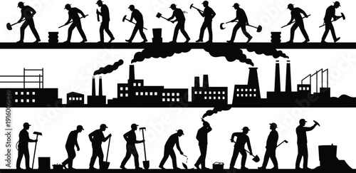 Industrial worker silhouettes set, factory laborers with tools and skyline, construction and manufacturing collection isolated on white