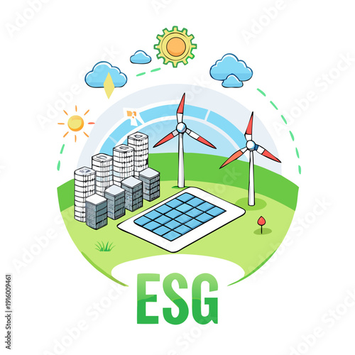 Sustainability illustration set. ESG, green energy, sustainable industry with windmills and solar energy panels. Environmental, Social, and Corporate Governance concept. Vector illustration. See Less