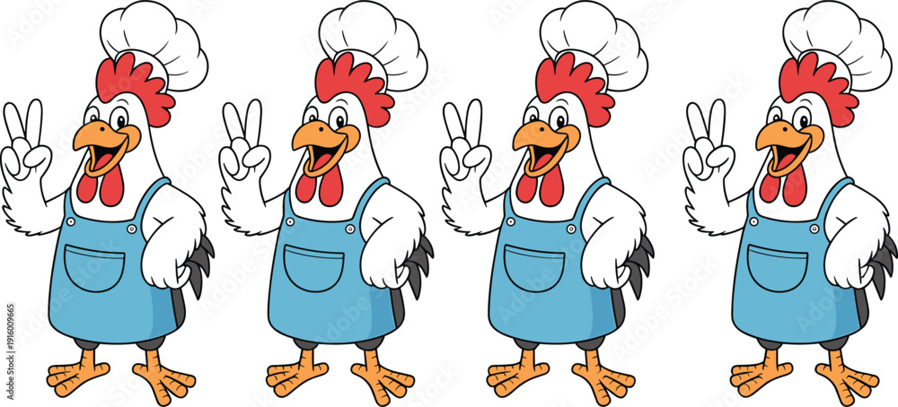Fototapeta premium Cartoon chicken chef character wearing apron and cooking hat showing peace sign gesture, cute funny mascot illustration isolated on white background for restaurant branding.
