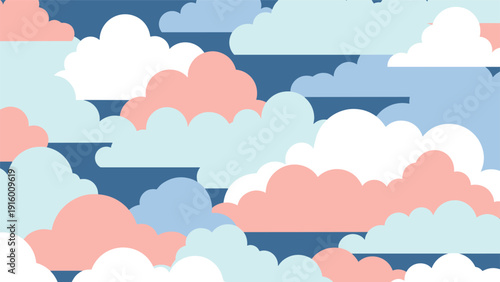 Stylized pattern of overlapping fluffy clouds in shades of blue, white, and coral against a dark blue sky background.