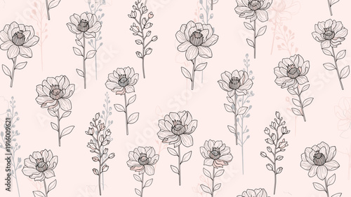 Elegant seamless pattern featuring intricate black line sketches of various wildflowers over a soft pink background backdrop.