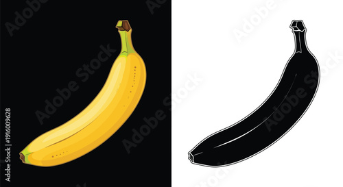 Single ripe yellow banana illustration displayed alongside its contrasting black silhouette vector graphic on a dual background setup