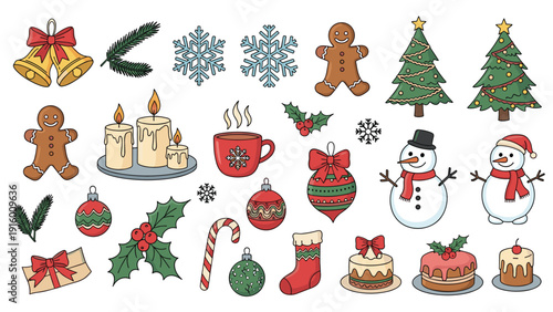 Large collection of colorful Christmas themed icons and illustrations like bells, snowflakes, cookies, trees, and snowmen.