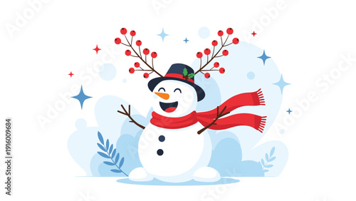 Joyful snowman wearing a black hat with berry branches as antlers and a red scarf in a winter scene with stars.